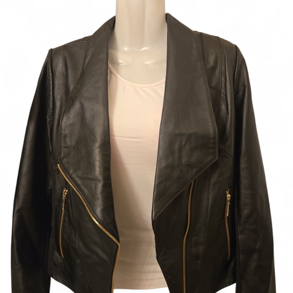 IMAN Black Leather Jacket with Gold Accents - Picture 1 of 4